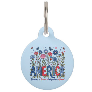 Patriotic American Wildflowers Fourth of July USA Pet Tag