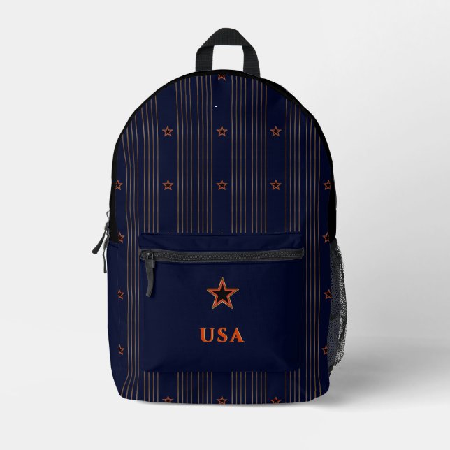 Patriotic Art Deco - Gold Stripes Red Star on Navy Printed Backpack (Front)
