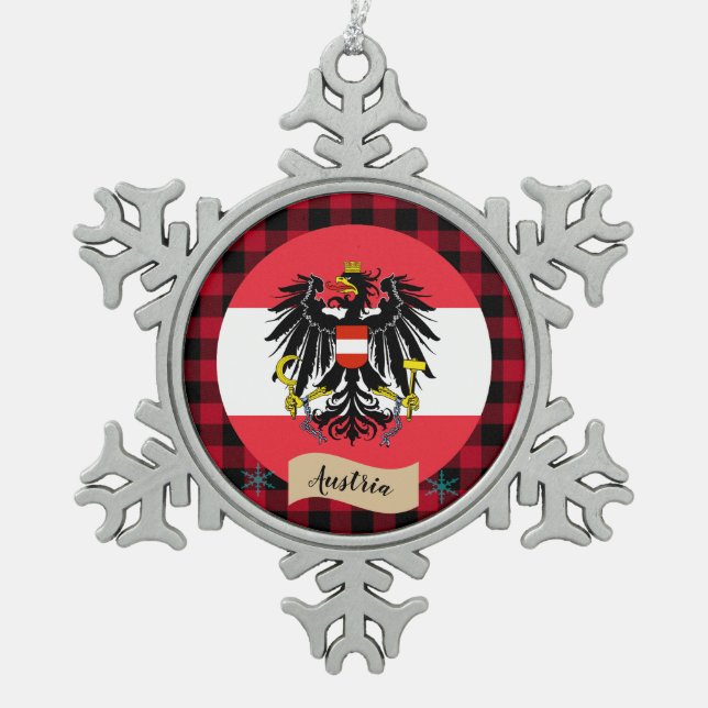 Patriotic Austria, buffalo plaid, Austrian Flag Snowflake Pewter Christmas Ornament (Front)