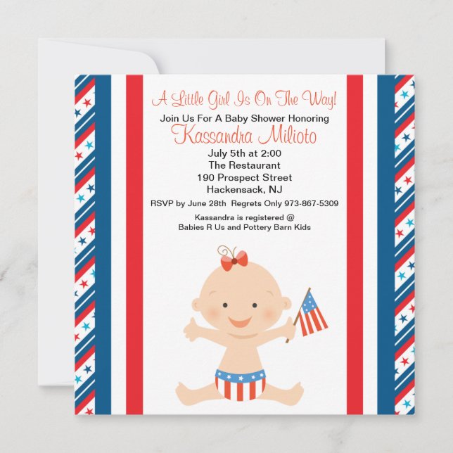 Patriotic Baby Girl Waving Flag Baby Shower Invite (Front)