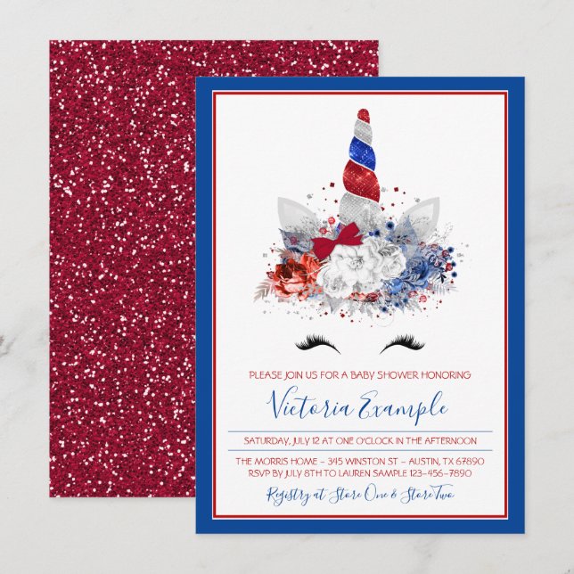 Patriotic Baby Shower Unicorn Red White Blue Baby Invitation (Front/Back)