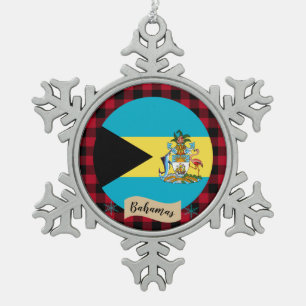 Patriotic Bahamas, buffalo plaid, Bahamas Flag Snowflake Pewter Christmas Ornament