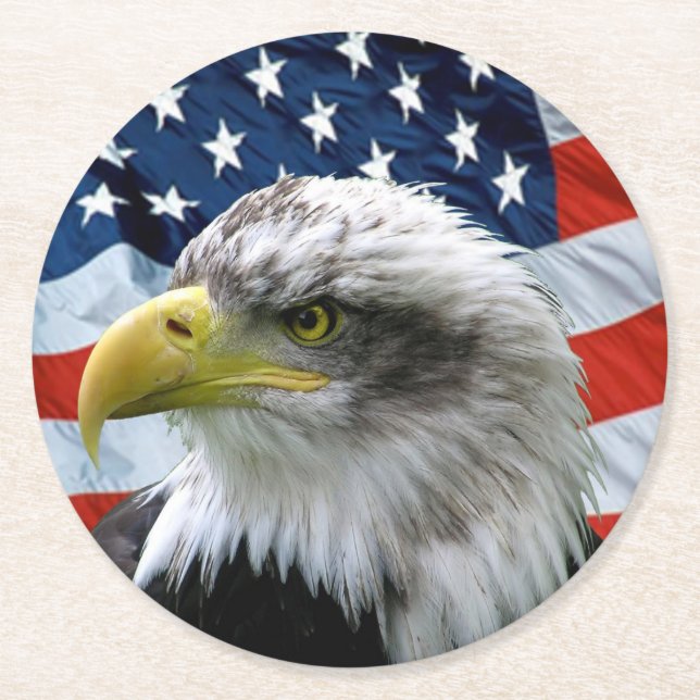 Patriotic Bald Eagle American Flag Round Paper Coaster (Front)