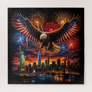 Patriotic Bald Eagle Fireworks New York Skyline Jigsaw Puzzle
