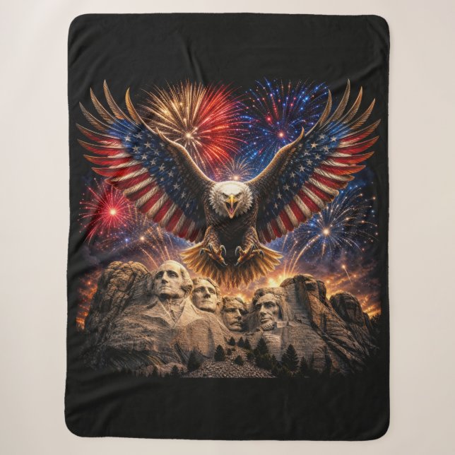 Patriotic Bald Eagle Mount Rushmore Fireworks  Sherpa Blanket (Front)