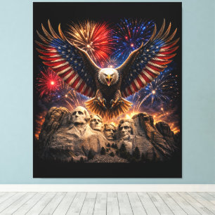 Patriotic Bald Eagle Mount Rushmore Fireworks Wall Canvas Print