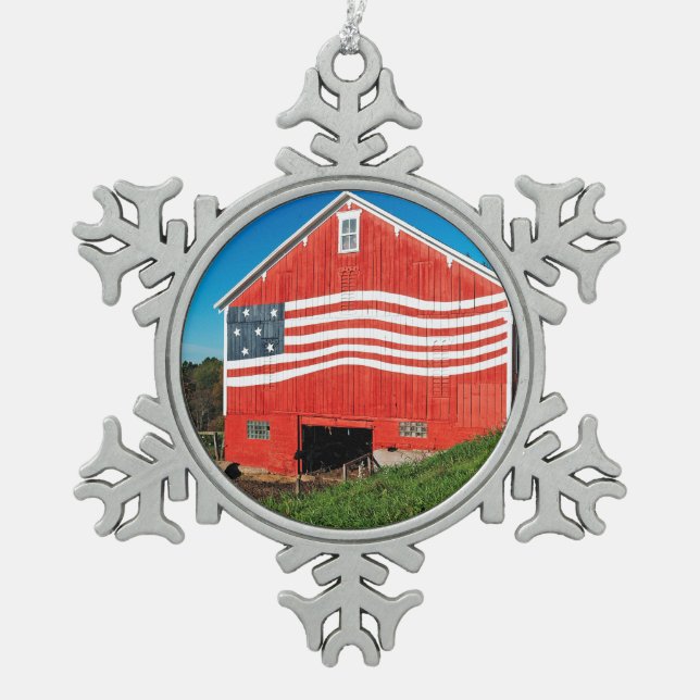 Patriotic Barn Snowflake Pewter Christmas Ornament (Front)