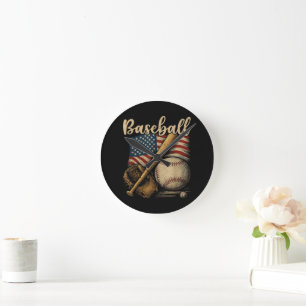 Patriotic Baseball American Flag Vintage Sports Round Clock