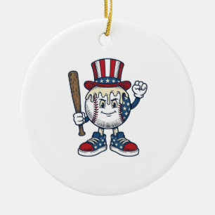 Patriotic Baseball Mascot Vintage Engraving Design Ceramic Tree Decoration