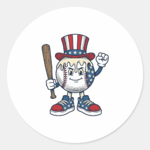 Patriotic Baseball Mascot Vintage Engraving Design Classic Round Sticker