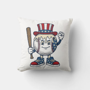 Patriotic Baseball Mascot Vintage Engraving Design Cushion