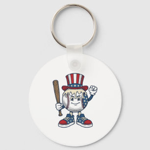 Patriotic Baseball Mascot Vintage Engraving Design Key Ring