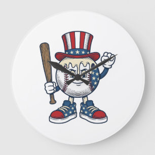 Patriotic Baseball Mascot Vintage Engraving Design Large Clock
