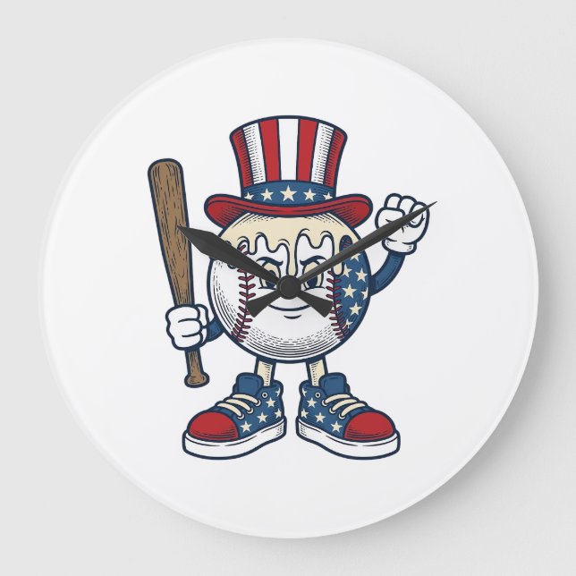 Patriotic Baseball Mascot Vintage Engraving Design Large Clock (Front)