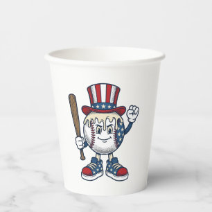 Patriotic Baseball Mascot Vintage Engraving Design Paper Cups