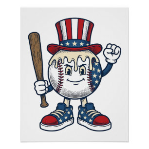 Patriotic Baseball Mascot Vintage Engraving Design Poster