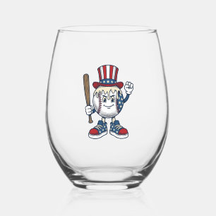 Patriotic Baseball Mascot Vintage Engraving Design Stemless Wine Glass