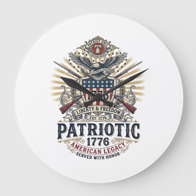 Patriotic Battle Shield 1776 Military Inspired Sym Large Clock (Front)