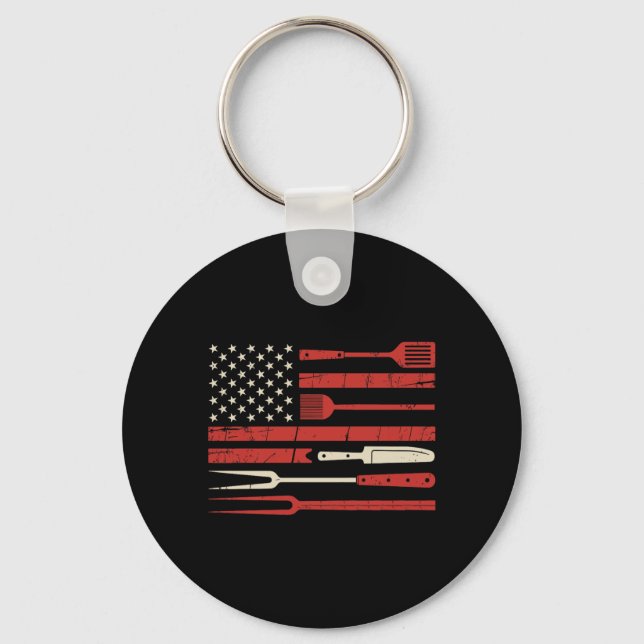 Patriotic Bbq Grill Tools Aamerican Flag Graphic Key Ring (Front)