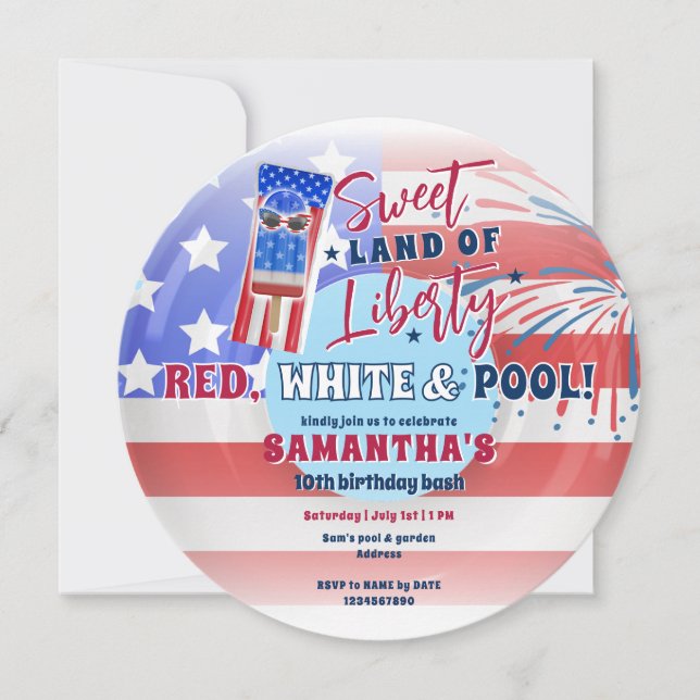 Patriotic Bday July 4th Summer Pool Birthday Party Invitation (Front)