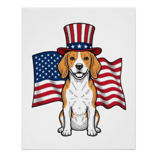 Patriotic Beagle Dog Flag Vintage Engraving Design Poster