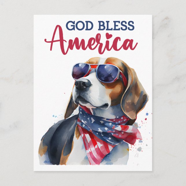 Patriotic Beagle, God Bless America Postcard (Front)