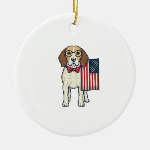Patriotic Beagle with Flag Vintage Vector Art_1 Ceramic Tree Decoration