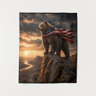 Patriotic Bear American Flag Cape Canyon Sunset Tapestry