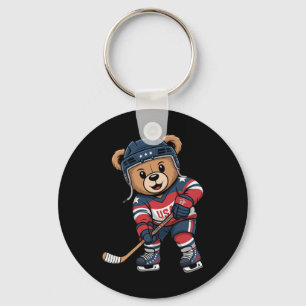 Patriotic Bear Hockey Player Cute Usa Stars And St Key Ring