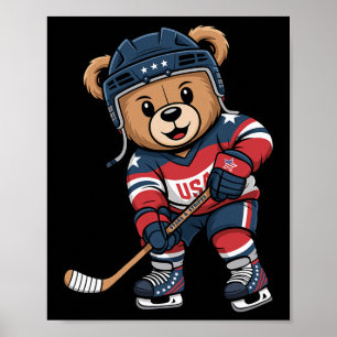 Patriotic Bear Hockey Player Cute Usa Stars And St Poster