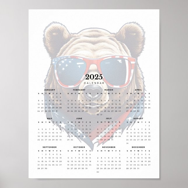 Patriotic Bear Red White and Blue 2025 Calendar Poster (Front)