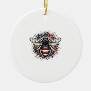 Patriotic Bee Vintage Engraving Vector Design_1 Ceramic Tree Decoration