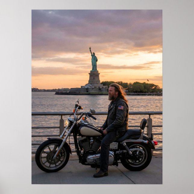 Patriotic Biker Statue of Liberty Sunset Waterside Poster (Front)