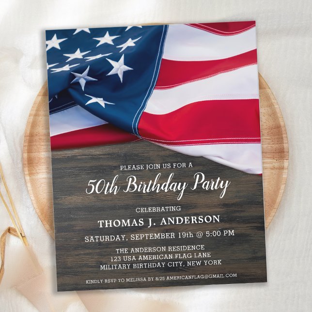 Patriotic Birthday American Flag Wood Military Invitation Postcard (Creator Uploaded)