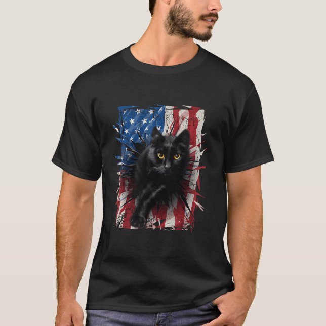 Patriotic Black Cat Torn American Flag 4Th Of July T-Shirt (Front)