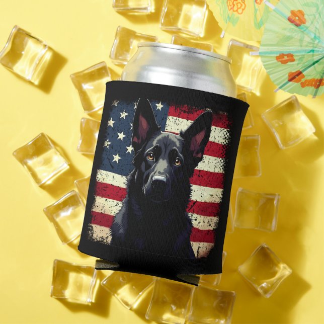 Patriotic Black German Shepherd USA American Flag Can Cooler (In Situ Summer)