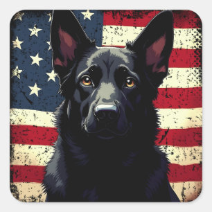 Patriotic Black German Shepherd USA American Flag Square Sticker