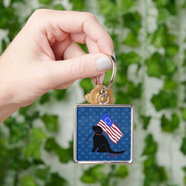 Patriotic Black Lab American Flag Key Chain Silver (Hand)