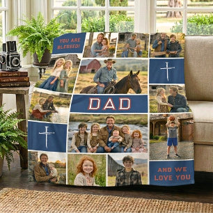 Patriotic Blessed Dad 12 Photo Collage Custom Text Fleece Blanket