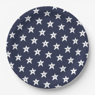 Patriotic Blue and White Stars with Hearts Paper Plate