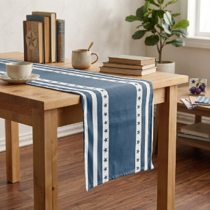 Patriotic Blue and White Stripes with Stars Long Table Runner