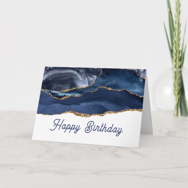 Patriotic Blue Gold Agate Birthday Card (Front)