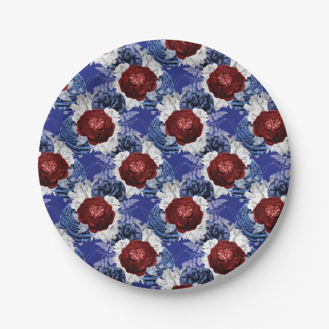 Patriotic Blue Red Rose Bouquet Paper Plate (Front)