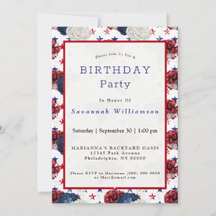 Patriotic Blue Red Star Rose Bouquet Birthday Invitation