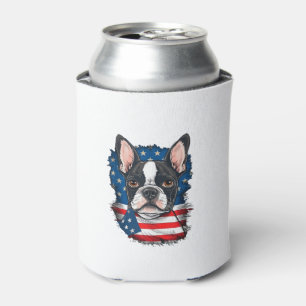 Patriotic Boston Terrier Dog Puppy American Flag 4 Can Cooler
