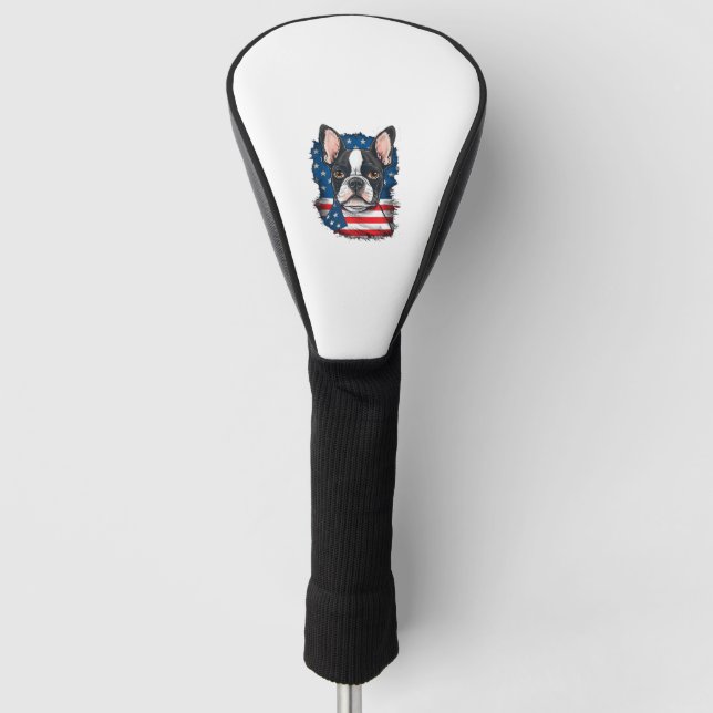 Patriotic Boston Terrier Dog Puppy American Flag 4 Golf Head Cover (Front)