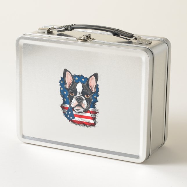Patriotic Boston Terrier Dog Puppy American Flag 4 Metal Lunch Box (Front)