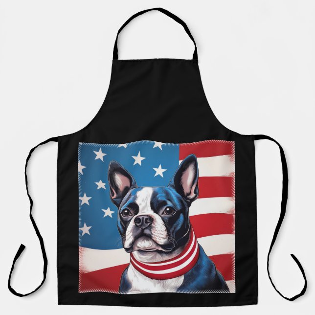 Patriotic Boston Terrier With American Flag Apron (Front)