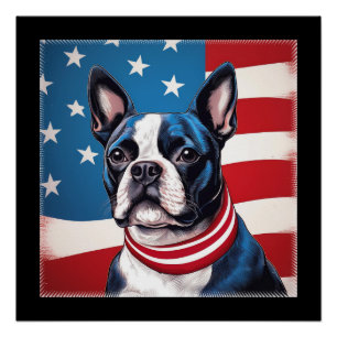 Patriotic Boston Terrier With American Flag Poster