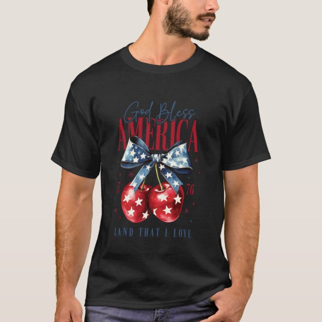 Patriotic Bow and Cherries God Bless America 1776  T-Shirt (Front)